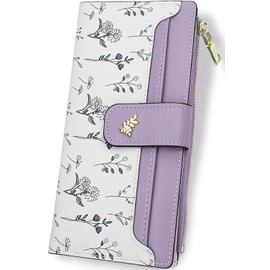 Farcauo Purses for Women Long Ladies Purse RFID Purple Wallet for Women Cute Wallets with Card Holder Ladies Kawaii Flower Card Wallets Coin Purse with Credit Card Holder