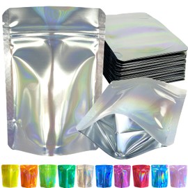 YINGZON 100 Pack Premium Smell Proof Mylar Bags, Resealable Food Storage Bags with Double-sided Holographic Printing, 4" x 6" Aluminum Foil Stand-up Packaging Bags. (Silver)