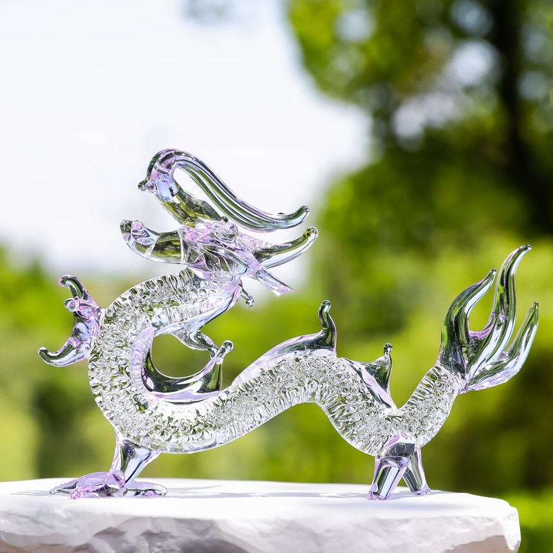 LONGWIN Crystal Dragon Statue Hand Blown Glass Dragon Figurines Chinese
