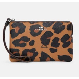 COACH CC871 Corner Zip Wristlet Wallet In Leopard Print Silver/Light Saddle NEW!