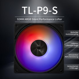 Thermalright TL-P9-S CPU Case Fan, Black ARGB Computer Fan, PWM PC Fan, 92 mm Specifications Silent Cooler Fan, 2200 RPM Speed, PC CPU Fan