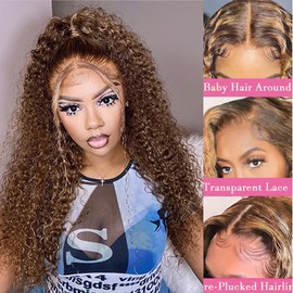 Balayage Highlight Wear and Go Glueless Wig for Beginners 22 inch Kinky Curly Glueless Wigs Human Hair Pre Plucked Pre Cut Ombre Blonde 4/27 5x5 HD Lace Front Wig for Black Women 180% Density