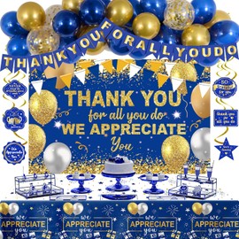 Employee Appreciation Decorations Blue and Gold Fathers Day Thank You for All You Do Banner Backdrop We Appreciate You Decorations, Teacher Professor Nurse Staff Retirement Office Party Decor