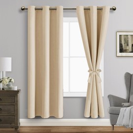 JIUZHEN Beige Blackout Curtains with Tiebacks - Thermal Insulated, Light Blocking and Noise Reducing Grommet Curtains for Bedroom and Living Room, Set of 2 Window Curtain Panels, 42 x 72 Inch Length