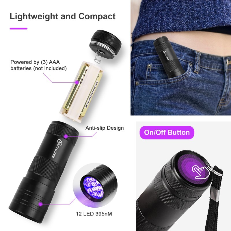 ESCO LITE 2 Packs Black Light Flashlight, 12LED 395nm UV