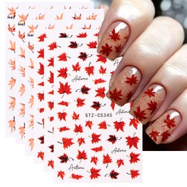 Maple Leaves Nail Stickers 6PCS Fall Maple Leaf Nail Decals 3D Self-Adhesive Red Orange Leaves Nails Design Nail Supplies Fall Stickers for Nails Thanksgiving Day Nail Decals for Women DIY Manicure