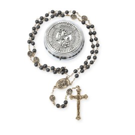 Nazareth Store Hematite Black Stone Beads St. Michael the Archangel Rosary Necklace Antique Gold Gift Box for Men and Women