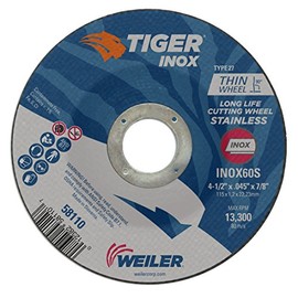 Weiler 58110 4-1/2 Inch Cutting Wheel, Tiger Inox Stainless Steel Contaminant-free High Performance Cutting, .045" INOX60S Type 27 7/8" Arbor, Pack of 25