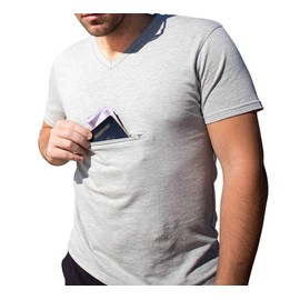 Clever Travel Companion Men's V Neck T Shirt with 2 Secret Hidden Pockets for Traveling | Pickpocket Proof Clothing for Men | International Travel (Grey, X-Large)