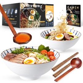 YTLEMON Ramen Bowls Set of Ceramic, 2 Sets of 34 Ounces Large Japanese Serving Bowls with Chopsticks and Spoons for Pho, Dinnerware for New Apartments Suitable as Housewarming Gifts(White)