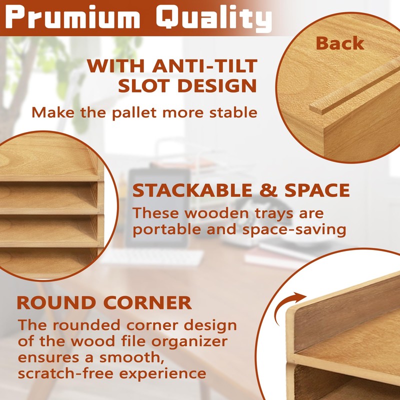 Prolee Stackable Paper Tray,Wooden Paper Organizer for Desk with 4