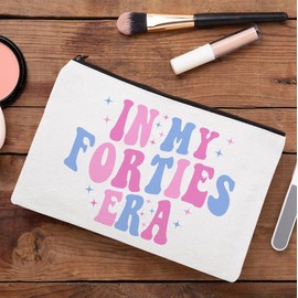NMPCreativeStore In My Forties Era Makeup Bag - Happy 40Th Birthday Gift - Hello Forties Makeup Bag - Gift For 40 Year Old - Gifts For Women- Friend- Bestie, 7”x9.8”, White
