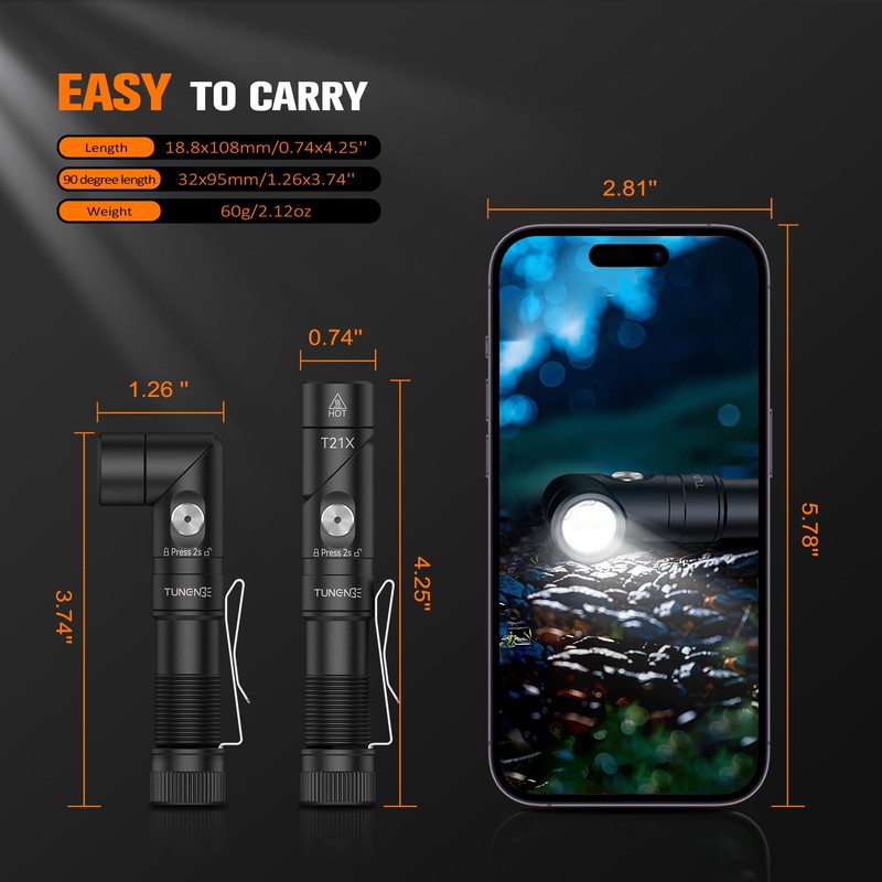 TUNENGE T21X AA Flashlight,1400 High Lumen EDC Pocket 90 Degree