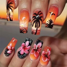 Medium Press On Nails Square Fake Nails Coconut Tree With Orange Sunset Glitter Design Flower False Nails Summer Glue On Nails Full Cover Artificial Acrylic Nails Glossy Stick On Nails For Women 24pcs