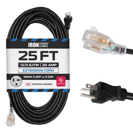 Iron Forge Cable 25 Ft Extension Cord - Nema 5-20 Extension Cord, 5-20P to 5-20R Lighted Black SJTW 12 Gauge Electric Cable, 20 Amp Heavy Duty