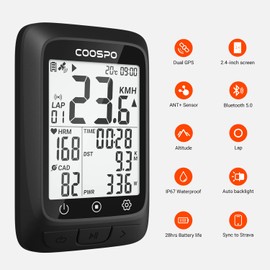 COOSPO GPS Cycling Computer BC107 & Bike Cadence/Speed Sensor BK467, Wireless Bike GPS Speedometer with 2.4 Inch Auto-Backlight Display, Bluetooth/ANT+ Bicycle Computer GPS Sync with Strava