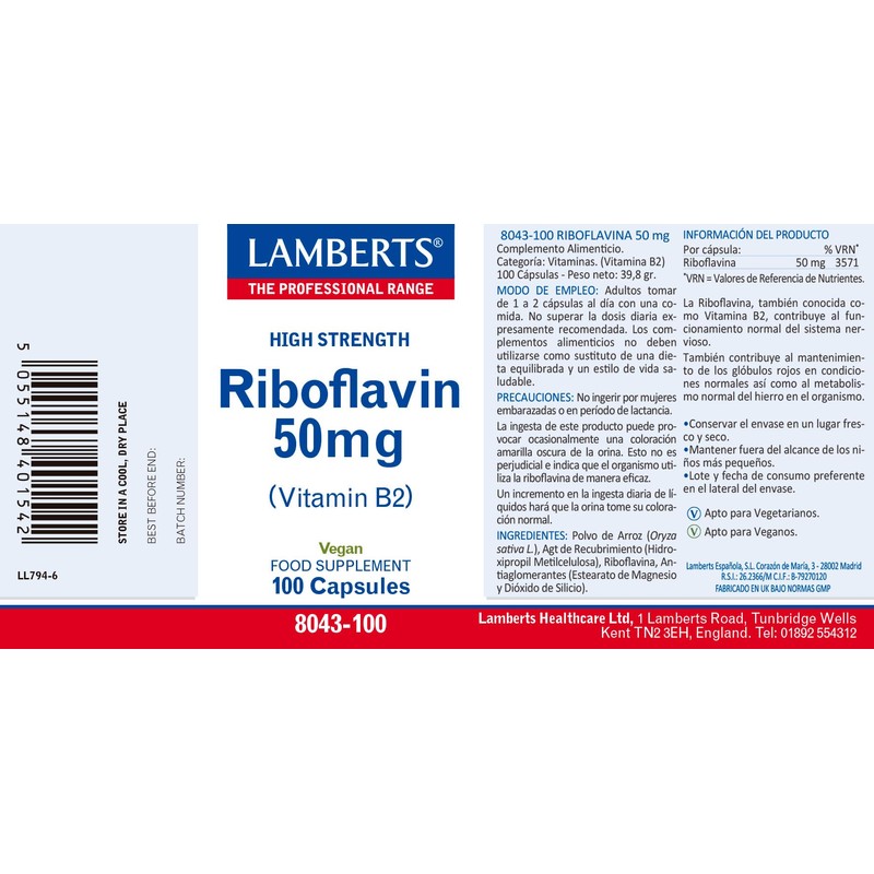 Lamberts Riboflavin 50mg Capsules – High Strength Vitamin B2 –