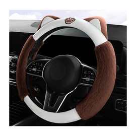 DXNQ Car Steering Wheel Cover, Cute Fluffy Cat Ears Steering Wheel Protector, Breathable Plush Cover for 14.5"-15" Car Steering Wheel, Car Interior Accessories for Women Girls (White+Brown)