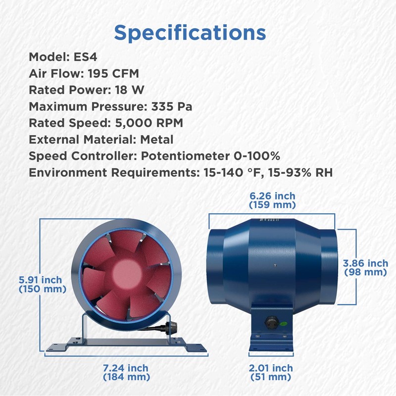 TURBRO AirSupply ES4, 4 Inch Inline Duct Fan with Solid