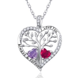 Tree of Life Necklace Sterling Silver Heart Necklaces for Women Birthstone Tree of Life Pendant Jewelry Gifts for Women Alexandrite and Ruby Necklace June and July Birthstone Necklaces