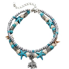 Chaioe Boho Double Turquoise Anklet Silver Elephant Anklet Bracelets Starfish Foot Chains for Women and Girls