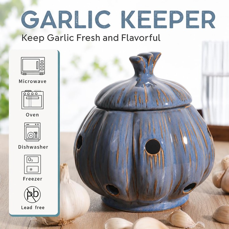 Ceramic Garlic Keeper Storage Holder Jar with Lid, Kitchen Countertop