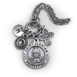 St. Florian Necklace, Keychain or Clip, Patron Saint of Firefighters, Fireman Protection Gift, Crystal Pendant and Initial Charm