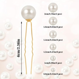 36Pcs Wedding Pearl Hair Pins, U Shaped Single Pearl Bobby Pins Wedding Hair Accessories for Brides Bridesmaids Women, 6 Sizes (Gold)