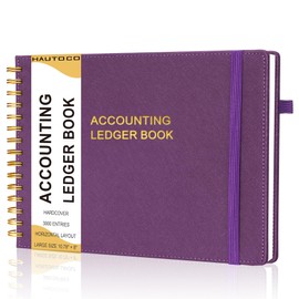 HAUTOCO Hardcover Accounting Ledger Book for Small Business Bookkeeping Horizontal Money Expense Tracker Notebook with 2 Storage Pouch, Personal Columnar Log Journal 10.78 x 8'', Deep Purple
