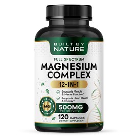 Built by Nature Complejo de magnesio 500 mg - 5 formas de glicinato, citrato, malato, óxido y aquamina de magnesio con 72 oligoelementos - Quelado... 
