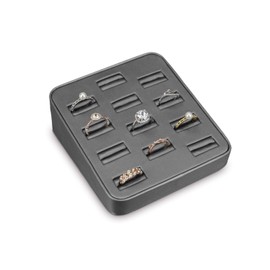 MOOCA 12 Slots Ring Tray Display, Slotted Ring Showcase Display Jewelry Organizer Stand for Home Trade Show, Steel Grey Faux Leather Trim