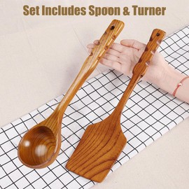 Zenxylo 13.7" Long Wooden Spoons for Cooking and Wooden Spatulas for Cooking, Non-Stick Wooden Kitchen Utensils Set