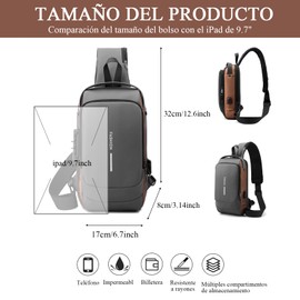 RUAKIVA Bandolera Hombre,Mariconera Hombre,Mochila Impermeable,Bolsos Para Hombre Antirrobo Con USB,Mochila Cruzada,Mochilas De Viaje,Adecuado para Uso Diario,Viajes,Compras y Otras Ocasiones,Gris