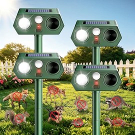 2026 Solar Ultrasonic Animal Repellent Outdoor with Motion Sensor Flash Light, IP66 Waterproof Deer Cat Squirrel Raccoon Repellent for Yard Farm Garden (4 Pack)
