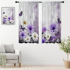 EGLGCC Purple Floral Curtains Farmhouse Flower Retro Rustic Country Lavender Daisy Wooden Plant Butterfly 42W x 63L Inches Rod Pocket for Bedroom Living Room Window Drapes Treatment Fabric 2 Panels