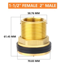 GASHER 1 x Brass 1-1/2 Inch Female 2 Inch Male BSP Bulkhead Tank Connector Adapter Fitting with Rubber Ring