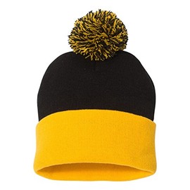 SNAP SKULL Knitted Cuffed Pom Pom Beanie Winter Cap Unisex Hat Solid Color Beanies (Black/Gold)
