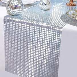 Snowkingdom 13 x 72 Inches Glitter Disco Party Table Runner Mirror Silver Table Runner Retro 70s 80s Theme Disco Ball Party Table Decorations Birthday Bachelorette Dance Party Supplies