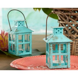 Kate Aspen Decorative Lantern, Vintage Metal Tealight Candle Lanterns, Centerpiece for Wedding Table, Accent Piece & Party Favor, Turquoise - 6 Sets
