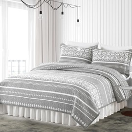 Qiqiong Boho Quilt Queen Set - Queen Quilt Queen Bedding Set 3Pcs,All Season Cotton Quilt Set Queen Size Bedspreads Coverlets,Grey White Striped