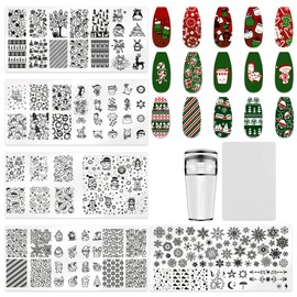 JCAKES 5Pcs Christmas Nail Stamp Nail Stamping Plates Nail Art Stamping Plates Holiday Nail Design Stamp Nail Plate Template Nail Tools for Nail Art with Nail Stamper, Scraper