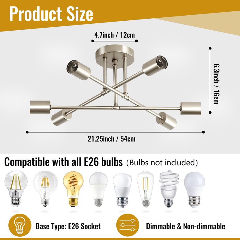 Nickle Modern Sputnik Chandelier Ceiling Light Fixture,6-Light Dining Room Light