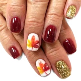 Red Press on Nails Short Square Fake Nails Glossy Full Cover Artificial Glue on Nails with Gold Glitter Design Artificial Nails Maple Leaf Stick on Nails Autumn False Nails for Women DIY 24Pcs
