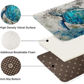 Britimes Blue Turtle Bathroom Rug Set of 3, 3 Pieces Bath Mats Set for Bathroom, Ocean Nautical Starfish Washable Cover Floor Rug Decorations for Kitchen Bathroom Bedroom