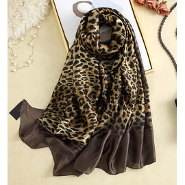 MEDUOLA Women's Scarf 180 x 90 cm Faux Silk Scarf with Colourful Carriage Flowers and Leaf Design Versatile for Any Season, Leopard-brown