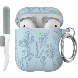 Maxjoy for AirPods Case Cover, Flower Engraved AirPods 2nd Generation Case Soft Silicone Skin Protective Airpod Case for Women Men with Keychain for AirPods 2nd/1st Gen Case, Blue