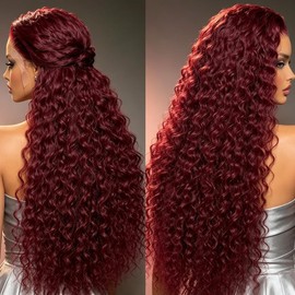 Burgundy Curly Lace Front Wigs for Women 13 * 4 Inch Red Loose Curly Synthetic Lace Front Wig with Baby Hair Long Water Wave Preplucked Glueless Lace Front Wigs