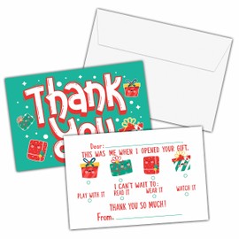 KFNER Kids Christmas Thank You Cards, Holiday Fill In The Blank Thank You Card, Cute Thank You Notes for Boys Girls, Xmas Party Favors Supplies (25 Set of Cards with Envelopes) - A06