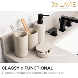 JO LAVIE - Beige Bathroom Accessory Sets, 4 Pieces Bathroom Accessories Complete Set Vanity Countertop Accessory Set, Includes Lotion Dispenser Soap Pump, Tumbler, Toothbrush Holder, Qtip Holder