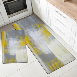 MAYHMYO Kitchen Mat for Floor Grey Yellow Kitchen Rugs and Mats Non Skid Washable 17"X48"+17"X24" Set of 2 Abstract Art Kitchen Floor Rugs Mats for Dining Room Floor Home Sink Laundry